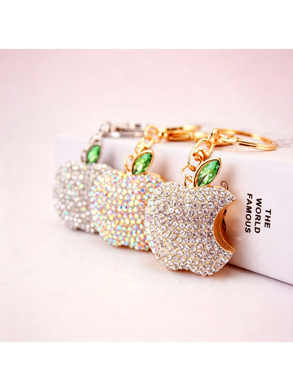 One Pack Cute Fruit Apple Christmas Celebration Peace Car Keychain Rhinestone Key Ring Bag Holder Charms Gift Rhinestone Keychain Christmas