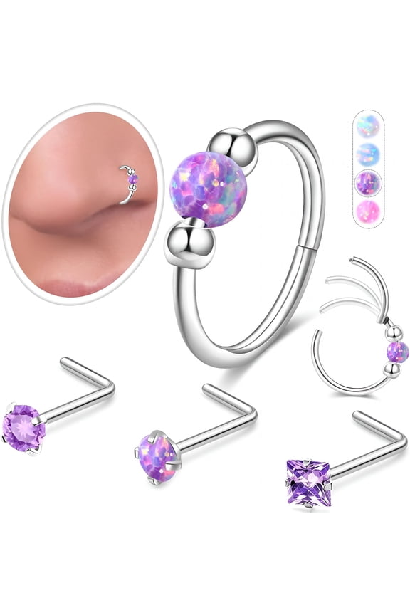 Opal Nose Ring Studs Horseshoe Nose Rings Hoops Stud 316L Stainless Steel Nose Rings Round CZ Square Screw L Shaped Nose Stud Hypoallergenic Nostril Piercing Jewelry for Women Men