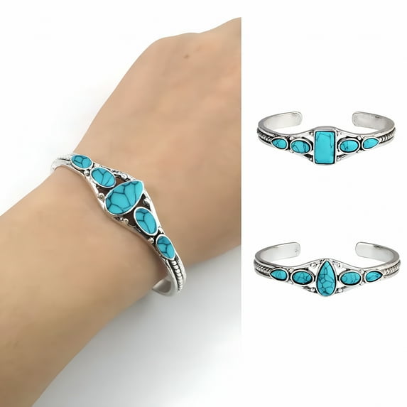 DESIGNICE Opening Carving Hollow Out Cuff Vintage Turquoises Bracelet, Alloy