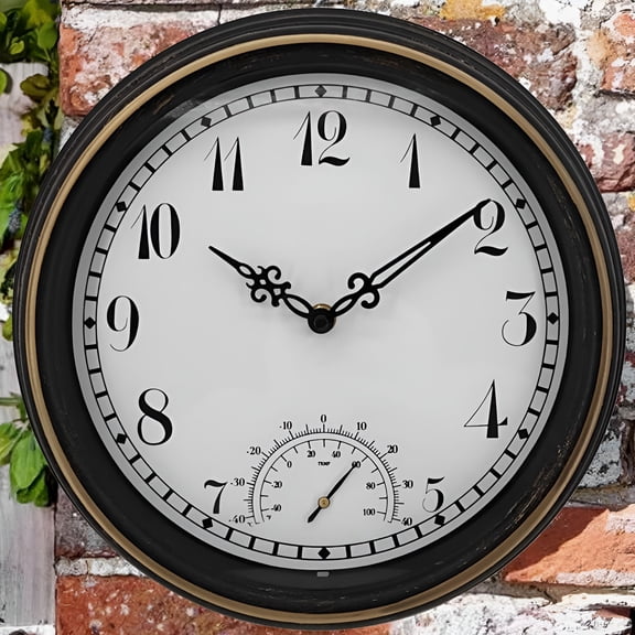 DESIGNICE Outdoor Waterproof Wall Clock with Thermometer Ip44 Vintage Round Garden Decor Clock 12" Outdoor Clock