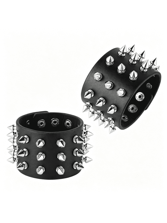 Pair Unisex Black Metal Spike Studded Punk Rock Biker Wide Strap Leather Bracelet (5Cm Wide-Spike Black)