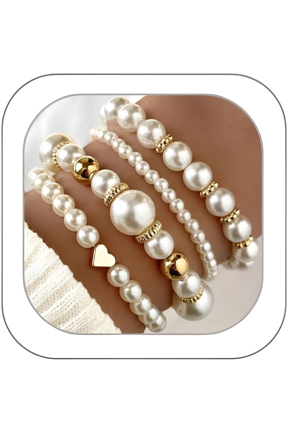 Pearl Bracelets for Women Simulated Pearl Beaded Bracelet White Pearls Stackable Stretch Bracelet Set Multilayered Elastic Pearls Bracelets for Women Bridesmaid Bridal Jewelry
