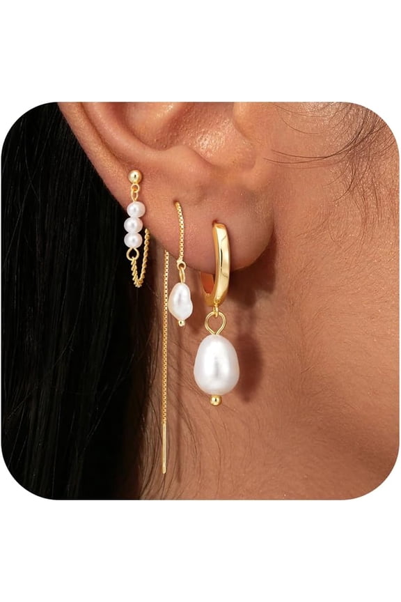 Pearl Earrings Set for Women Trendy Dainty Pearl Dangle Hoop Earrings Mismatched Threader&Stud Earrings Stack 14K Gold Plated Jewelry Multiple Piercings