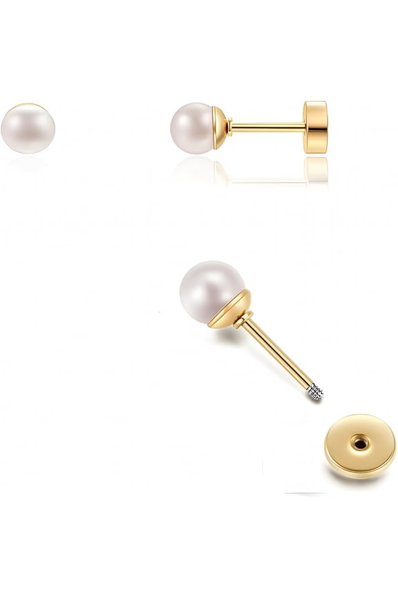 Pearl Stud Earrings Screw Back,Flat Back Pearl Cartilage Helix Earrings 316L Surgical Steel Cartilage Piercing Jewelry Gift for Women (4mm 5mm 6mm Pearl,Gold & Silver)