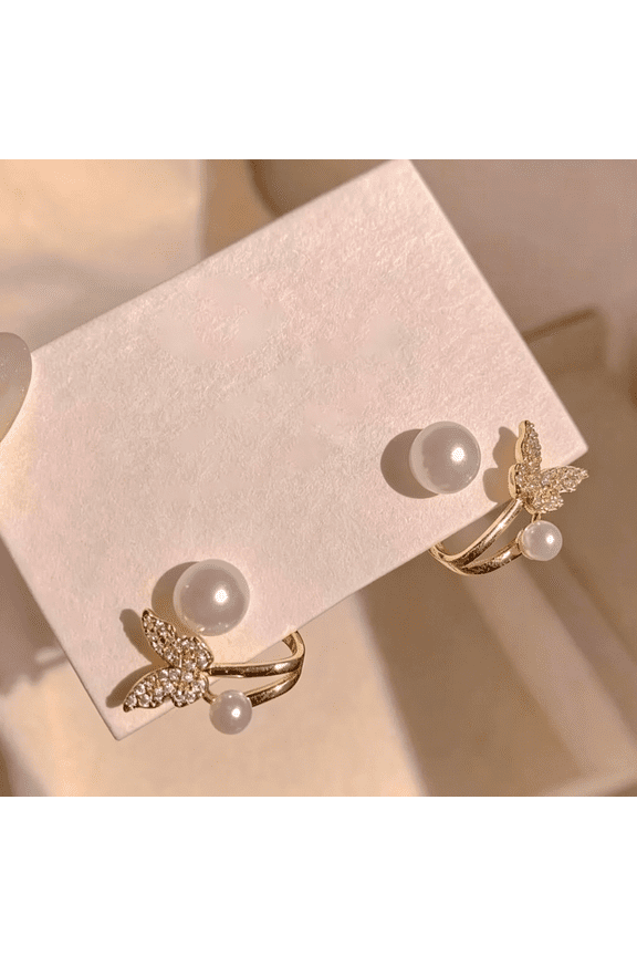 Pearl and Crystal Butterfly Ear Cuff Earrings, Gold Tone Double Pearl Design with Rhinestone Accents
