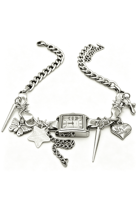 Personality Wind Watch Necklace Neck Chain Spicy Women Design Niche Star Rivets Retro Punk Choker Retro Punk Star Rivets Watch Necklace for Women