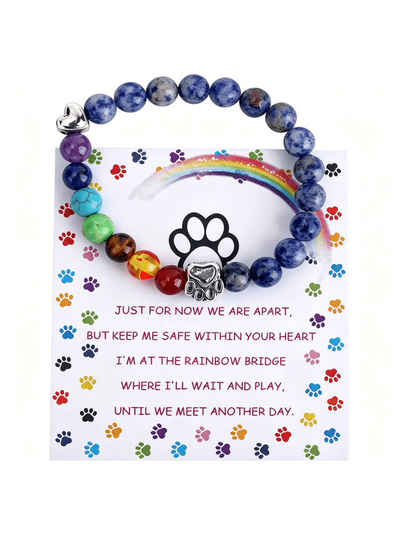 Pet Memorial Gifts, Rainbow Bridge Bracelet for Beloved Dog Cat | 8Mm Mixed Color Bead 7 Chakra Memorial Bracelet for Women Men Who Lost Pets, Pet Sympathy Gift