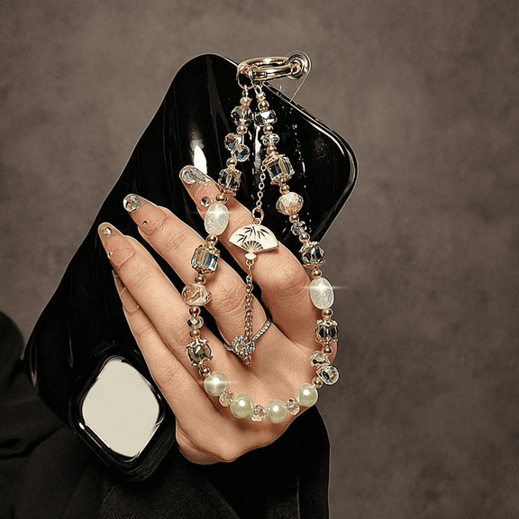 DESIGNICE Phone Charm String Phone Chain Strap Cute Keychains Beaded Phone Strap Cell Phone Charms Beaded Lanyard Creative Crystal Fan Pendant Phone Charm