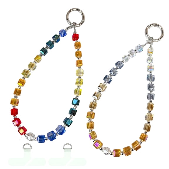 DESIGNICE Phone Wrist Strap 2 Pack,Beaded Square Crystal Phone Charm Chain with Tether Tab for Key Purse Work ID Card Handbag Lanyard Decoration Accessory