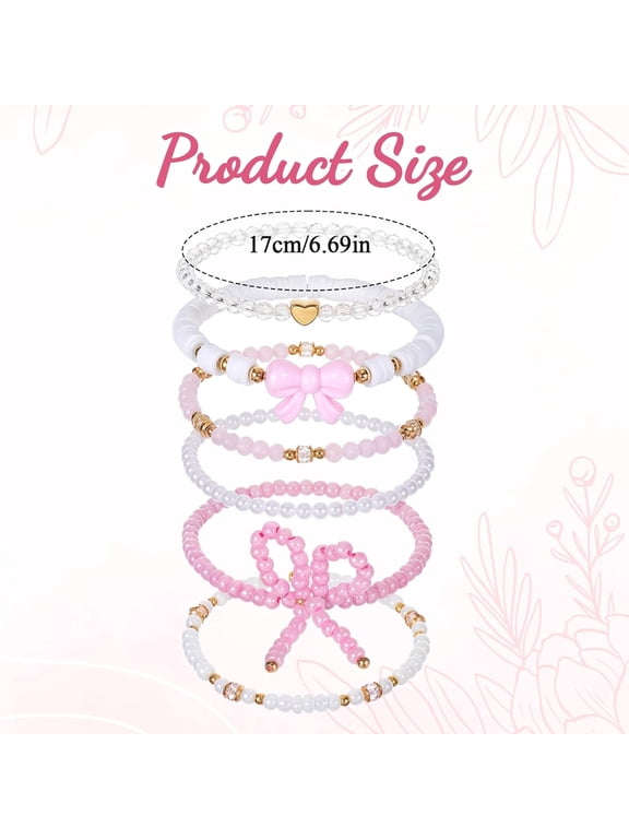 Pink Bow Bracelet Set for Women,6 Pcs Stackable Beaded Stretch Bracelets with Bow Charm,Aesthetic Pink Jewelry Gift for Women Girls for Birthday Christmas Valentine'S Day