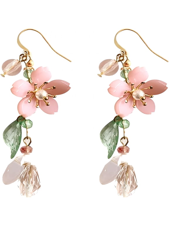 Pink Flower Dangle Earrings for Women Cute Asymmetry Flower Earrings Fairy Statement Summer Seaside Holiday Earrings