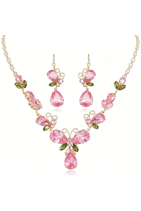 Pink Teardrop Butterfly Wedding Bridal Jewelry Set for Women Ladies Luxury Cubic Zirconia Flower Leaf Charm Choker Necklace Elegant Dangle Drop Earrings Engagement Statement