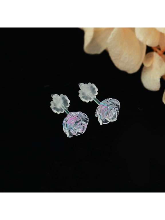 Plastic Post Earrings for Sensitive Ears,2 Pairs (6Mm&8Mm) Clear 3D Rose Non-Metal Fully Plastic Stud Earrings for Women-Unique,Elegant Comfortable,Chic,Light