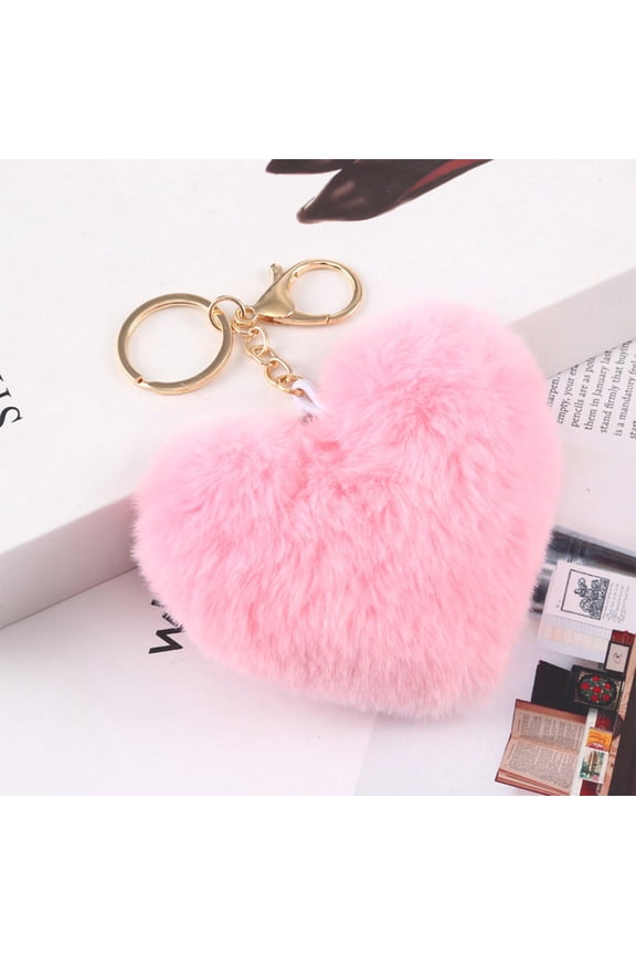 Plush Keychain Heart Faux Fur Pom Pom Key Chains Bag Accessory Puffball Keyring Backpack Charms for Girls, Pom Pom Keychain