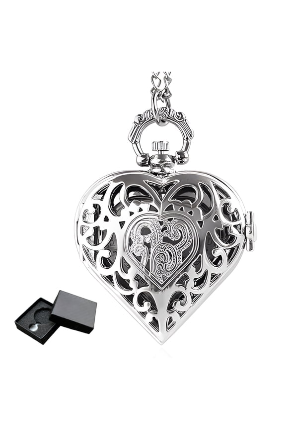 Pocket Watch with Chain,Heart Shaped Openwork Pocket Watch with Rhinestones,Quartz Carved Couple Pocket Watches for Men and Women,Silver