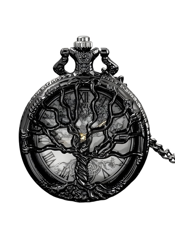Pocket Watches for Men,Retro Hollowed-Out Tree of Life Pocket Watch,Flip-Top Quartz Mens Pocket Watch,Father Gifts for Christmas,Black