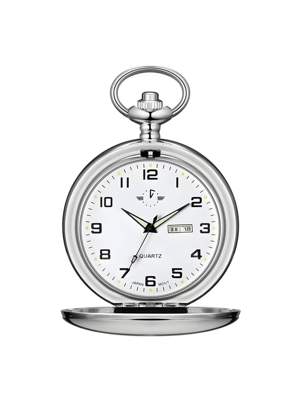 Pocket Watches for Men,Smooth Surface Pocket Watch with Double Calendar,Pocket Watch with Chain and Luminous Hands,Antique Gifts,Silver