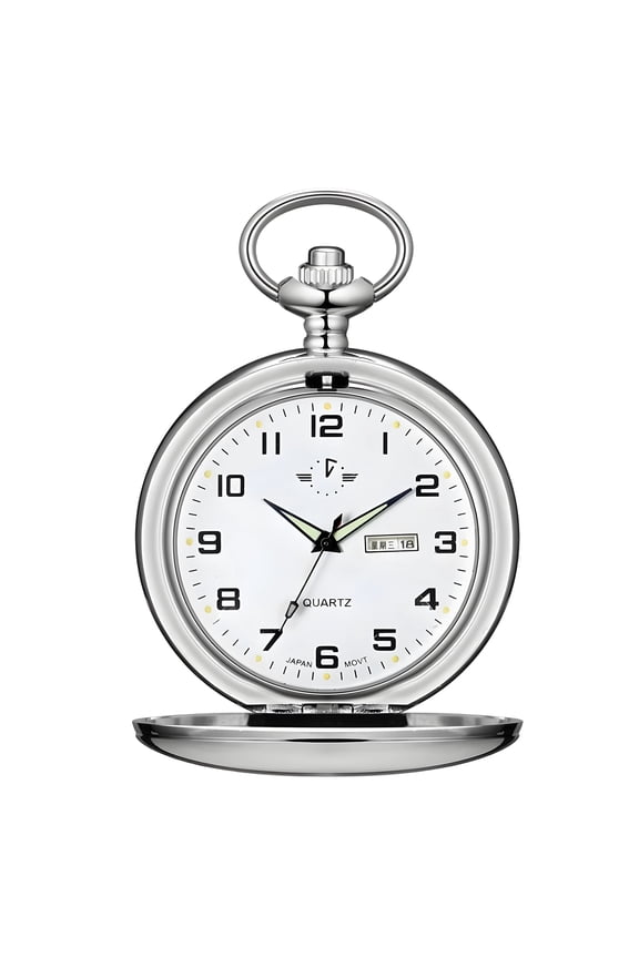 Pocket Watches for Men,Smooth Surface Pocket Watch with Double Calendar,Pocket Watch with Chain and Luminous Hands,Antique Gifts,Silver