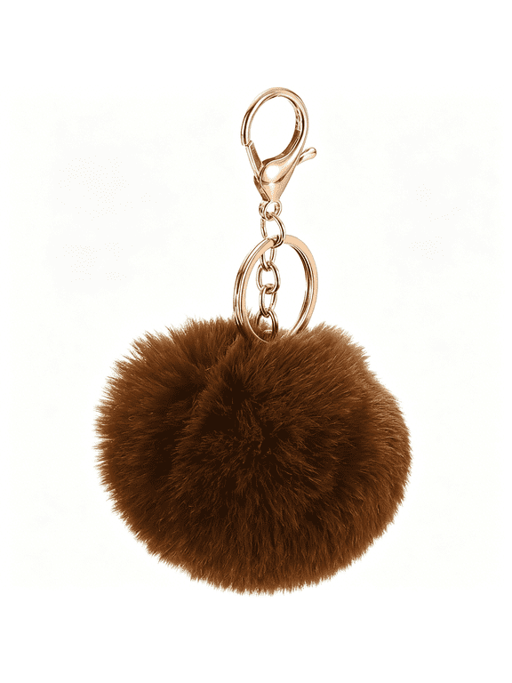 Pom Pom Keychain, Faux Rabbit Fur Puff Ball Pom Pom Bag Charms Pompoms Key Chain for Women Purse Coffee