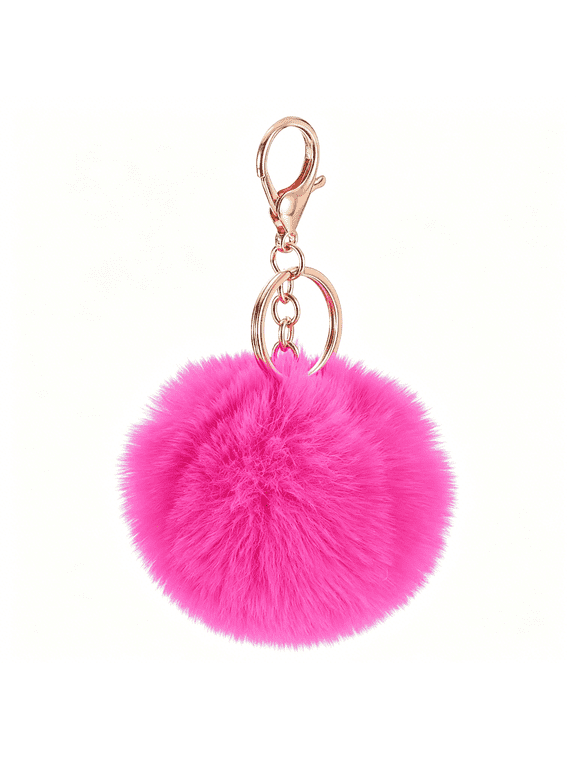 Pom Pom Keychain, Faux Rabbit Fur Puff Ball Pom Pom Bag Charms Pompoms Key Chain for Women Purse Rose Red