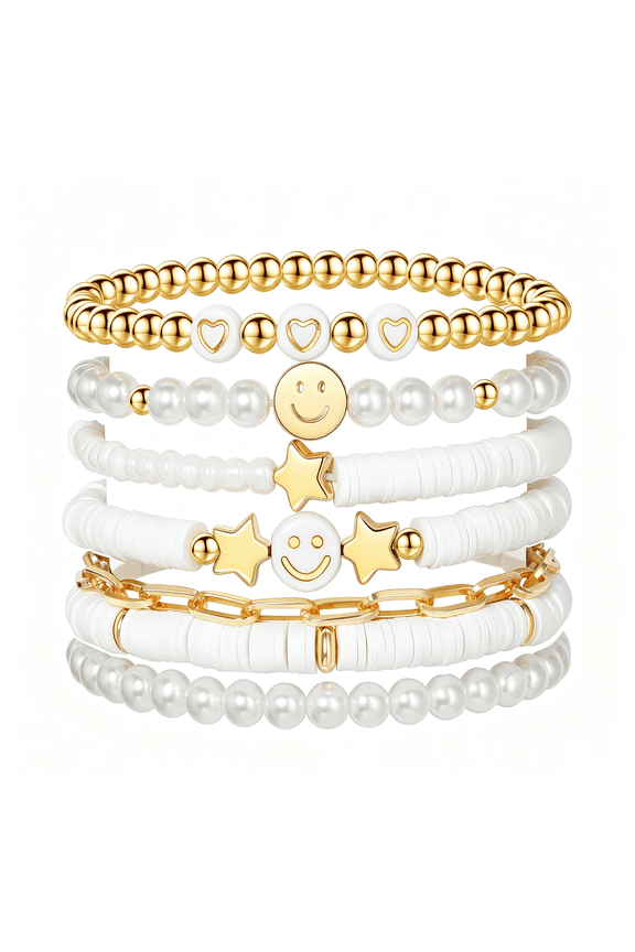 Preppy Bracelets Set Colorful White Gold Smile Heart Star Polymer Beaded Pearl Clay Stackable Charm Aesthetic Summer Beach Bohemian Stretch Layering Bracelets Jewelry