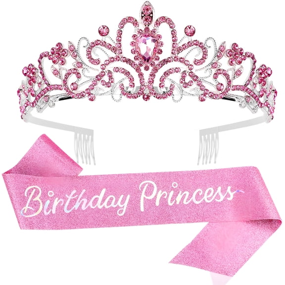 DESIGNICE Princess Birthday Tiara with Rhinestones and Flowers, Gold Plated