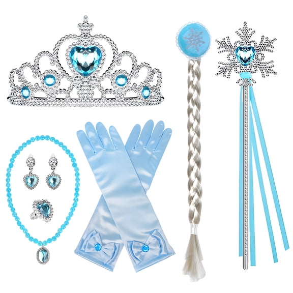 DESIGNICE Princess Crowns,Blue Full Diamond Birthday Crown,Tiaras for Women with Magic Wand,Gloves,Braids,Necklace,Earrings,Ring,Princess Tiara for Parties,Cosplay,Festival Performances,Blue