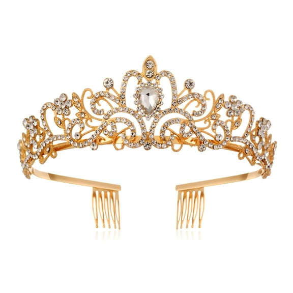 DESIGNICE Princess Hair Crown Flower Rhinestones Headwear Vintage Bright Luster Bridal Crown Wedding Tiaras Gold Alloy