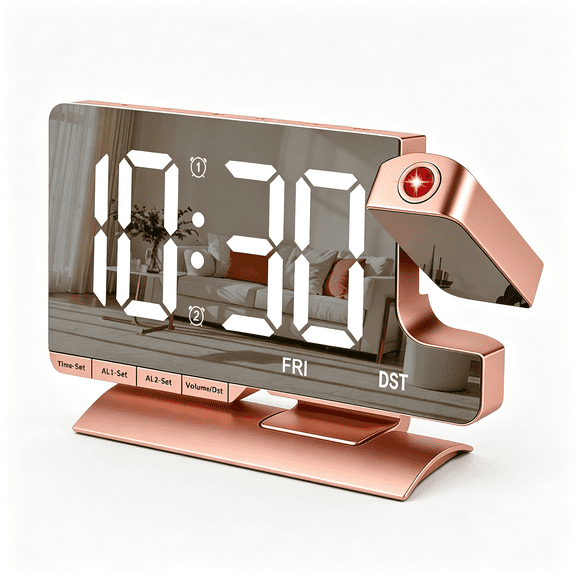 DESIGNICE Projection Alarm Clock for Bedroom Ceiling,Pink Digital Clock | Loud Alarm,Adjustable Brightness,7.3 Inch Mirror Clock,Large Led Display,Charger Snooze Dst Date 2 Alarms