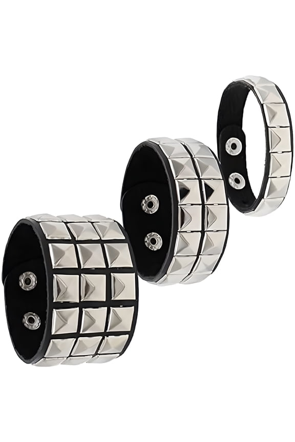 Punk Bracelet for Men Women - Black Leather Wristband with Metal Studded - Spike Rivets Cuff Bangle (3 Studded Bracelet)