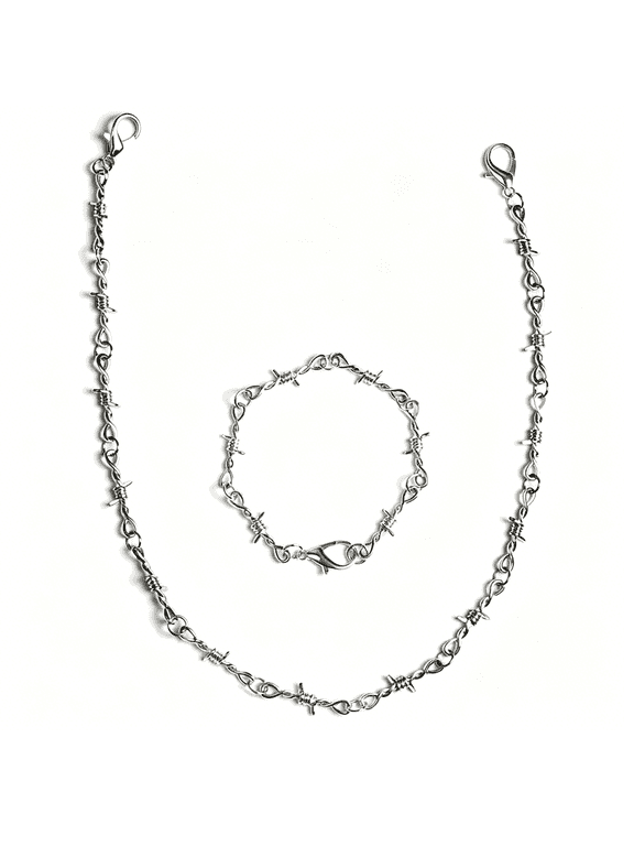 Punk Gothic Thorns Metal Barbed Wire Chain Necklace Bracelet Silver Jewelry for Men Women