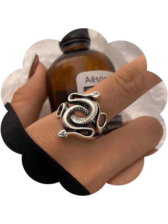 Punk Medusa Snake Ring Snake Band Ring Silver Serpent Finger Ring Exaggerated Serpent Ring Halloween Snake Ring Adjustable Open Ring Jewelry for Women