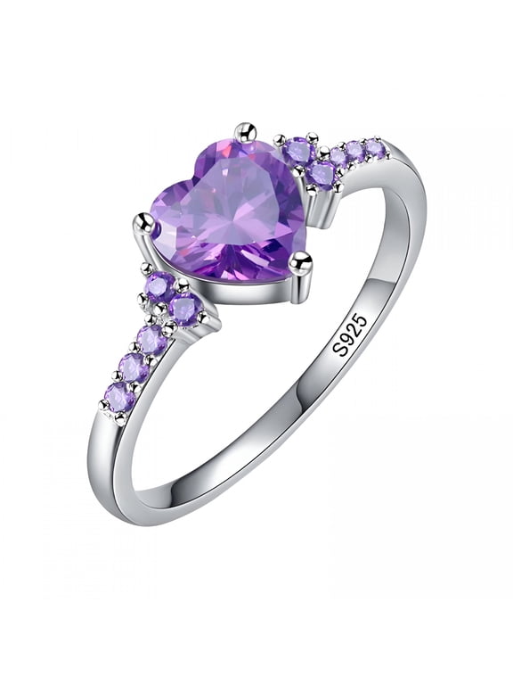 Purple 1Pc Ring Natural Amethyst Zirconia Silver Ring Fashion Wedding Heart Shaped Ring Jewellery