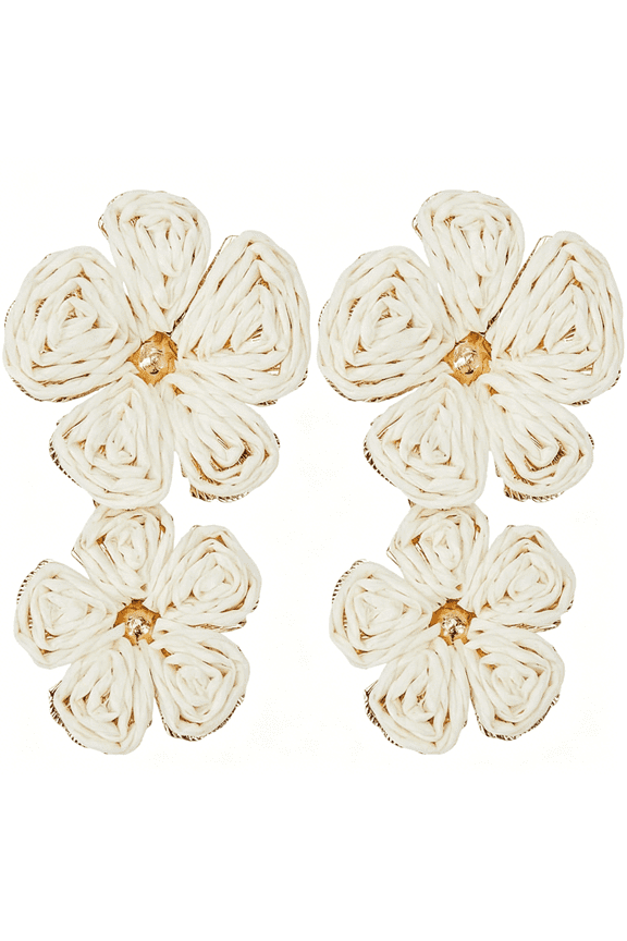 Raffia Flower Earrings White Flower Dangle Earrings Boho Layered Floral Petal Drop Earrings Raffia Straw Wrapped Daisy Studs Earring