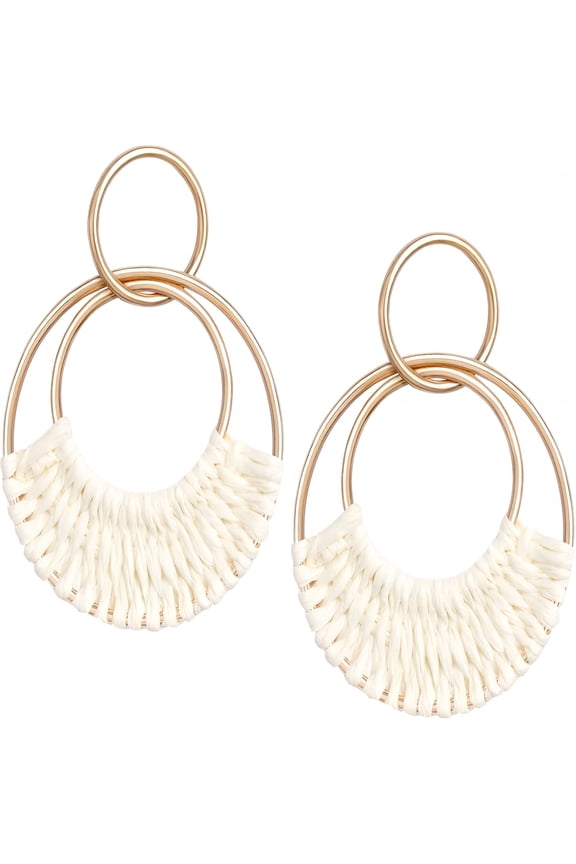 Raffia Hoop Earrings for Women Fun Boho Summer Beach Earrings Lightweight Handmade Straw Wicker Rattan Dangle Earrings Statement Geometric Round Drop Earrings