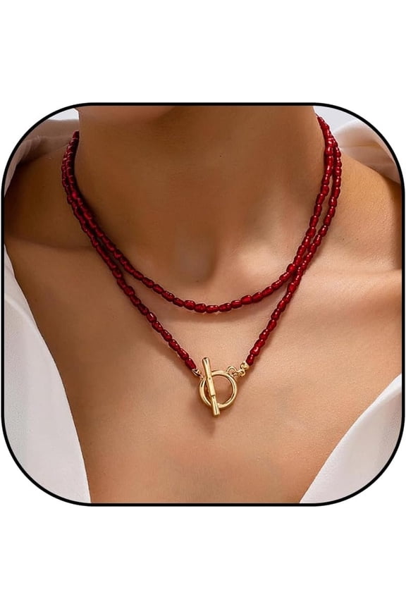 Red Beaded Necklace for Women Choker Gold Toggle Clasp Layered Stack Dainty Statement Western Boho Trendy Summer Vacation Necklaces Birthday Jewelry Gifts