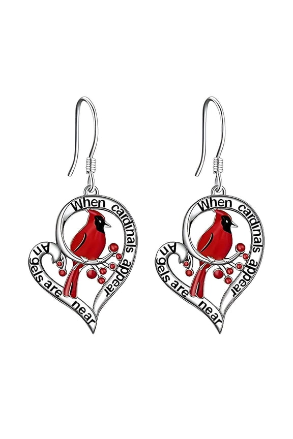 Red Earrings for Women,Red Bird Heart Design Cardinal Gifts for Women,Little Bird Animal Element This Hollow Heart,Silver