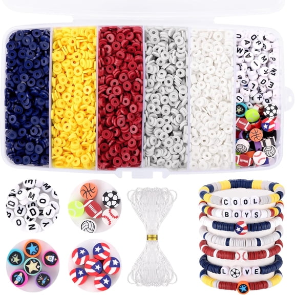 DESIGNICE Red White and Blue Clay Beads, Clay Beads for Bracelet Making, 5000 Pcs Heishi Flat Round Bead, Friendship Bracelet Kit with Letter Sports Bead, Birthday Diy Craft for Boys Adults
