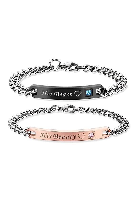 Relationship Bracelets for Couples Set Her Beast His Beauty 2 Pcs Romantic Lettering Couples Link Bracelets Promise Gifts Birthday Present for Teens Girls Boys Women Men
