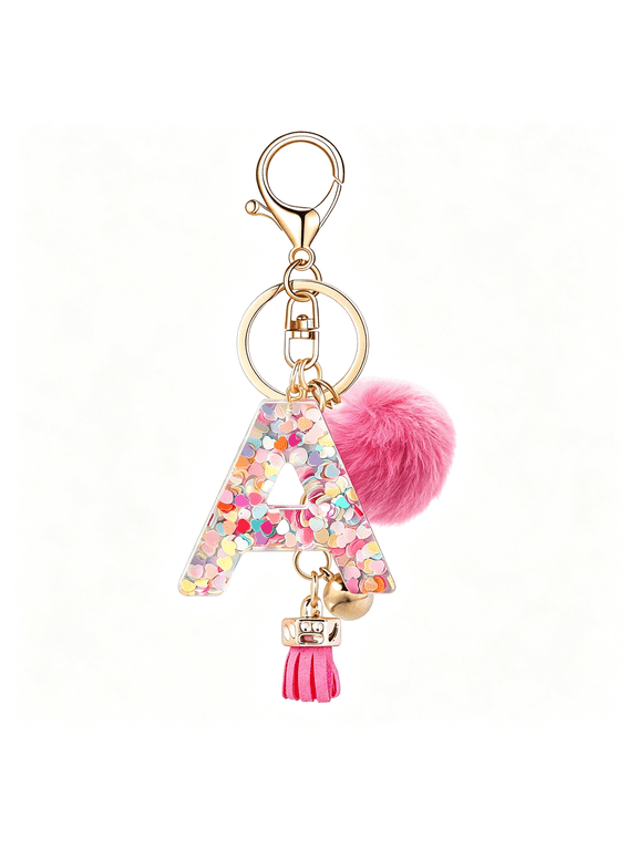 Resin Alphabet Initial Letter Keychain Keyring for Women Purse Handbags with Fur Ball Pom Letter a Keychain