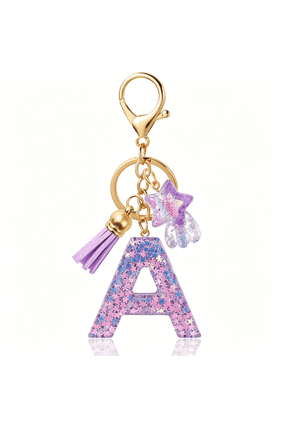 Resin Alphabet Initial Letter Keychain with Star Pendant and Tassel-Cute Bag Charm for Women and Girls
