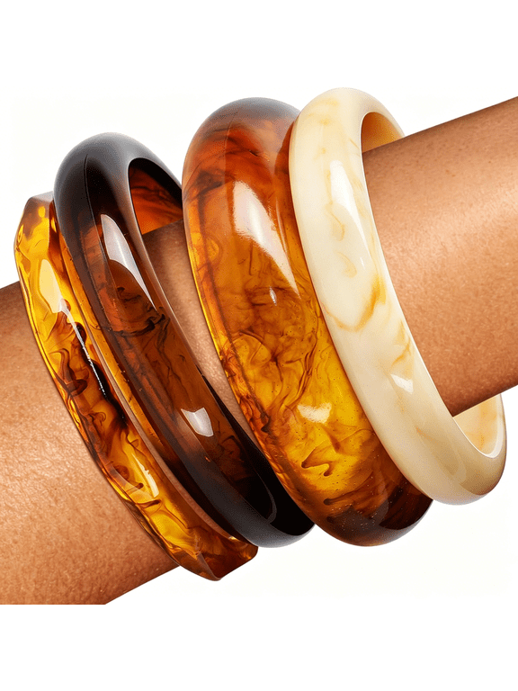 Resin Bangle Bracelets for Women Acrylic Brown Chunky Wrists Cuff Stack Thick Jewelry Set 4 Pcs