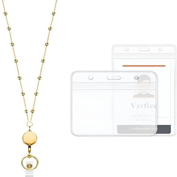 DESIGNICE Retractable Badge Reel Lanyard with 2 Pieces ID Holder for Women,Beaded Chain Stainless Steel Lanyard Necklace Water Resistant Name Badge Holder (Gold)