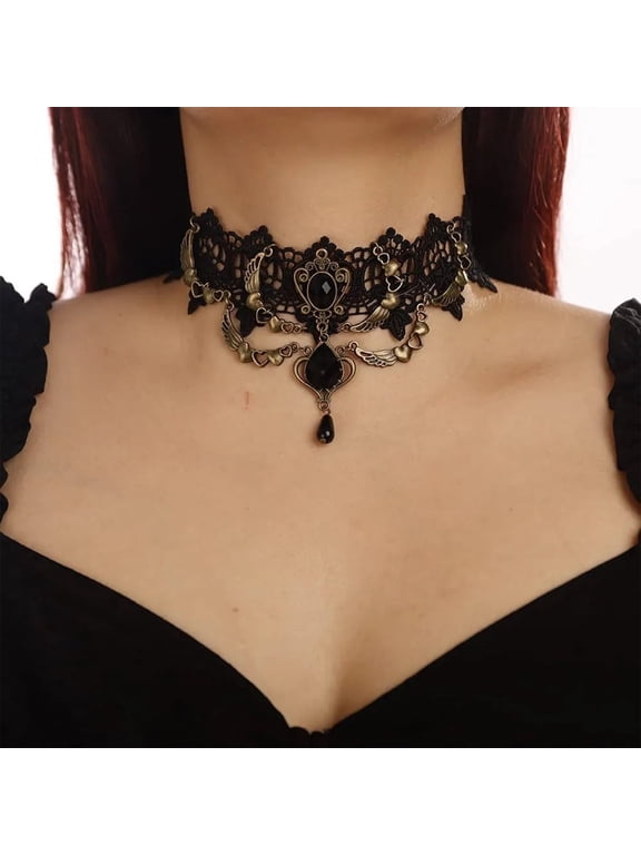 Retro Handmade Craft Lace Royal Court Vampire Choker Gothic Necklace Bracelet Black Pendant Chain, Elegant & Adjustable lace choker