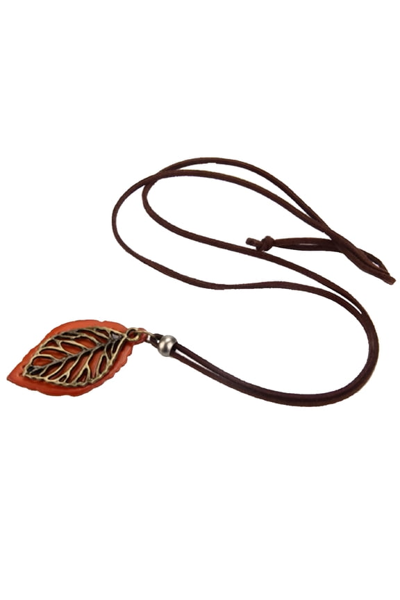 Retro Leaf Pendant Statement Necklace Long Leather Rope Chain 32 Inch - Brown