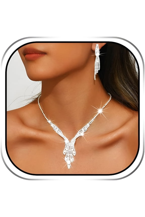 Rhinestone Bridal Wedding Jewelry Set Sparkly Silver Crystal Jewelry Necklace Prom Elegant Costume Jewelry For Women