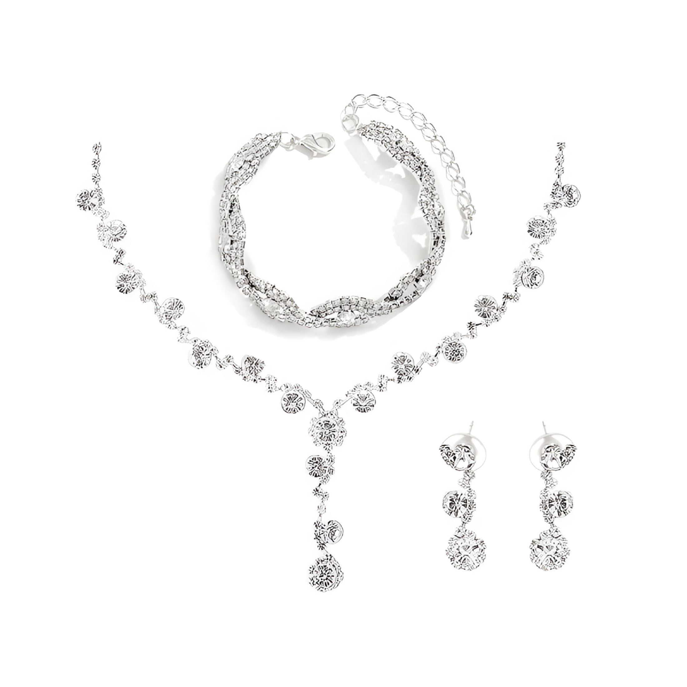 GORAIS Silver Bridal Jewelry Set - Wedding Necklace, Earrings & Bracelet For Brides, Prom, Formal Events