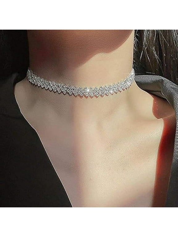 Rhinestone Choker Necklace Silver Diamond Row Necklaces Sparkly Crystal Necklace Chain Jewelry Fashion Minimalist Party Prom Accessories for Women