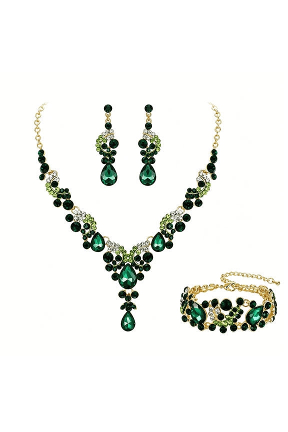 Rhinestone Crystal Bridal Art Deco Floral Wave Teardrop Necklace Earrings Bracelet Jewelry Set