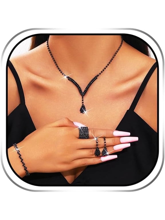 Rhinestone Jewelry Set Black Crystal Jewelry Sparkly Party Prom Costume Jewelry Accessories for Women